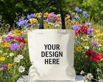 Maqueta de bolso de mano exterior, maqueta de Printify AOP, bolso de mano con asa negra, maqueta de bolso de mano, bolso de mano con impresión integral, maqueta de bolso, maqueta de flores