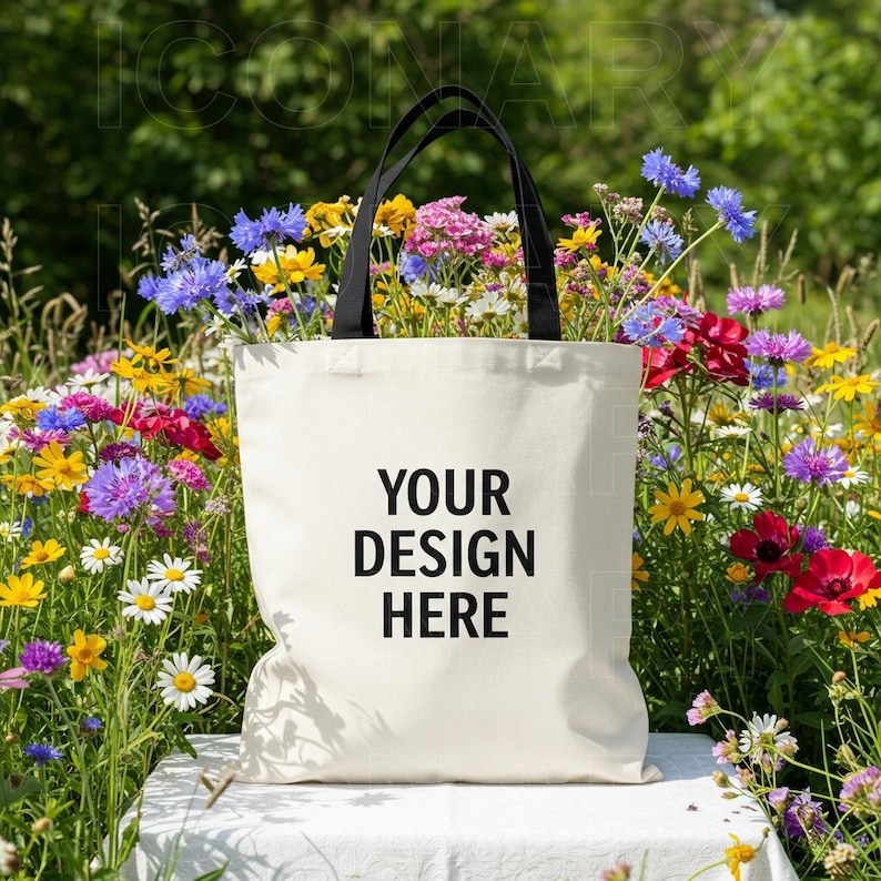 K&ouml;nnte beinhalten: Eine wei&szlig;e Canvas-Tragetasche mit schwarzen Henkeln. Die Tasche steht in einem Feld mit bunten Wildblumen. Der Text "YOUR DESIGN HERE" ist in Schwarz auf der Vorderseite der Tasche aufgedruckt.