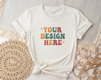 NATURAL Bella Canvas 3001 Folded Mockup, Boho Flat Lay Tshirt Mock-up, Bella and Canvas Folded T-shirt Flatlay Mockup, POD Tee Photo