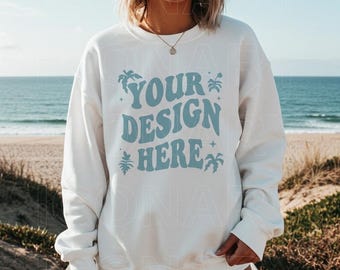 Gildan White 18000 Mockup | Beach Mockup Gildan 18000 White | 18000 White Mockup | Front G180 Mockup Aesthetic Outdoors Beach Mockup Trendy