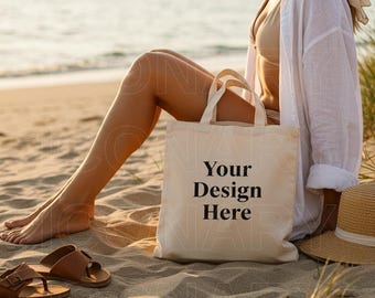 Tote Bag Beach Mockup | Natural Canvas Tote Bag Mock | Lifestyle Tote Bag Mock | Model Tote Bag | Canvas Tote Bag Model | POD Mockup
