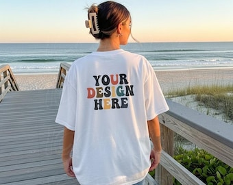 Gildan 5000 White Mockup Back of Tshirt Aesthetic Mockup Y2K Trendy White Gildan 5000 Oversized Tee Lifestyle Pinterest Shirt Trendy Outdoor
