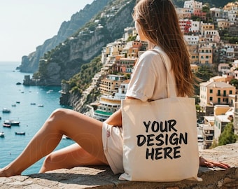Tote Bag Female Mockup Canvas Tote Bag Women Model Beach Mock Natural Tote Bag Mockup Tote Mockup Beige Tote Mockup POD Shopping Bag Mockup