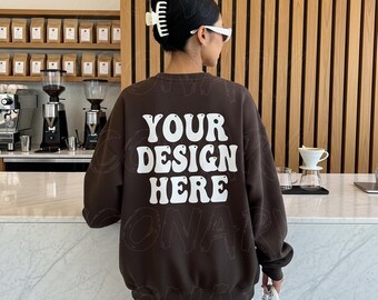 Gildan 18000 Dark Chocolate Back Mockup Oversized Brown  Sweatshirt, Brown Gildan Back Model Mockup, Trendy Lifestyle Aesthetic Mockup 18000
