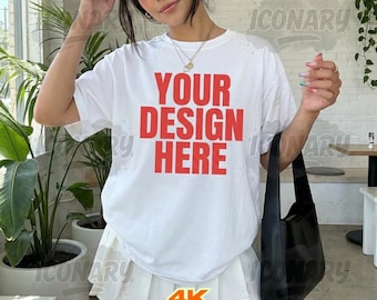 White Comfort Colors 1717 TShirt Mockup, C1717 White T-Shirt Mock-up, Trendy Y2K Woman Shirt Mockup, Lifestyle Tee Mockup Streetwear Mockup