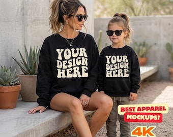 Mommy & Me Mock Up, Gildan 18000 Black Mommy And Daughter Mockup, MOMMY AND ME Gildan 18000 Black Sweatshirt Mockup, Family Mockup Boho