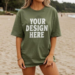 Comfort Colors C1717 Moss Shirt Mockup | Green Tshirt | Oversized Mockup | Model Mock Up | Moss Comfort Color Shirt Mockup | Summer Beach