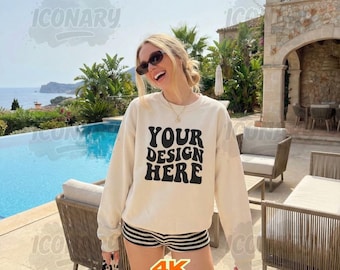 Gildan Sand 18000 Mockup | Beach Mockup Gildan 18000 Sand | 18000 Sand Mockup | Front G180 Mockup Aesthetic Outdoors Summer Mockup Trendy