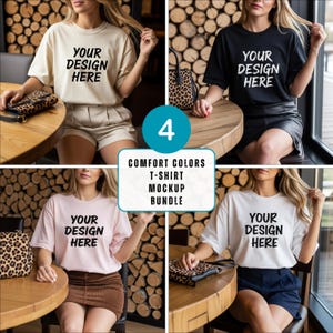 Comfort Colors 1717 Mockup Bundle Front Tshirt Mockup Bundle Blossom C1717 Ivory Black Mockup Print on Demand Oversized Tshirt Model Mockup