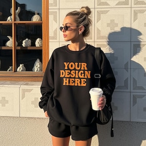 Gildan 18000 Black Mockup, G180 Black Crewneck Mockup Bundle, Black Gildan 18000 Sweatshirt Lifestyle Mockup, Model Sweater Trendy Mockup