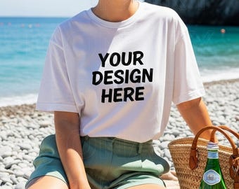 Summer Comfort Colors C1717 White TShirt Mockup, Beach C1717 White Shirt Mock-up, White Tee Mockups, Trendy Woman's T-Shirt Mockup Aesthetic