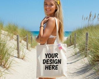 Tote Bag Mockup, Canvas Tote Bag Mockup, Summer Beach Boho Woman - Female Mockup, Beach Bag Mockup, Tote Bag Mock, Boho Tote Bag Designers