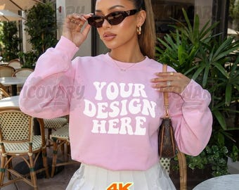 Gildan 18000 Light Pink Sweatshirt Mockup, Crewneck Model Mock (4K HD JPEG)