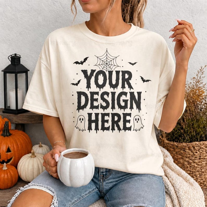 Spooky T-shirt Mockup, Ivory Comfort Colors 1717, Halloween Fall Lifestyle