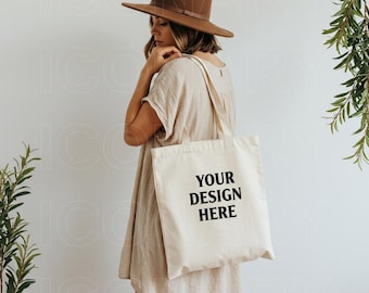 Mockup de bolsa natural, mockup de modelo de bolsa boho, mock-up de bolsa pendurada, mock-up de bolsa de compras, mockup de bolsa de lona de algodão sublimação SVG