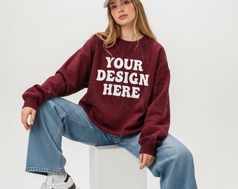 Maroon Color Sweatshirt Mockup, Gildan 18000 Maroon, Dark Red Crew neck Mockup, Studio Model Lifestyle Maroon Sweat Shirt Mockup Trendy Mock
