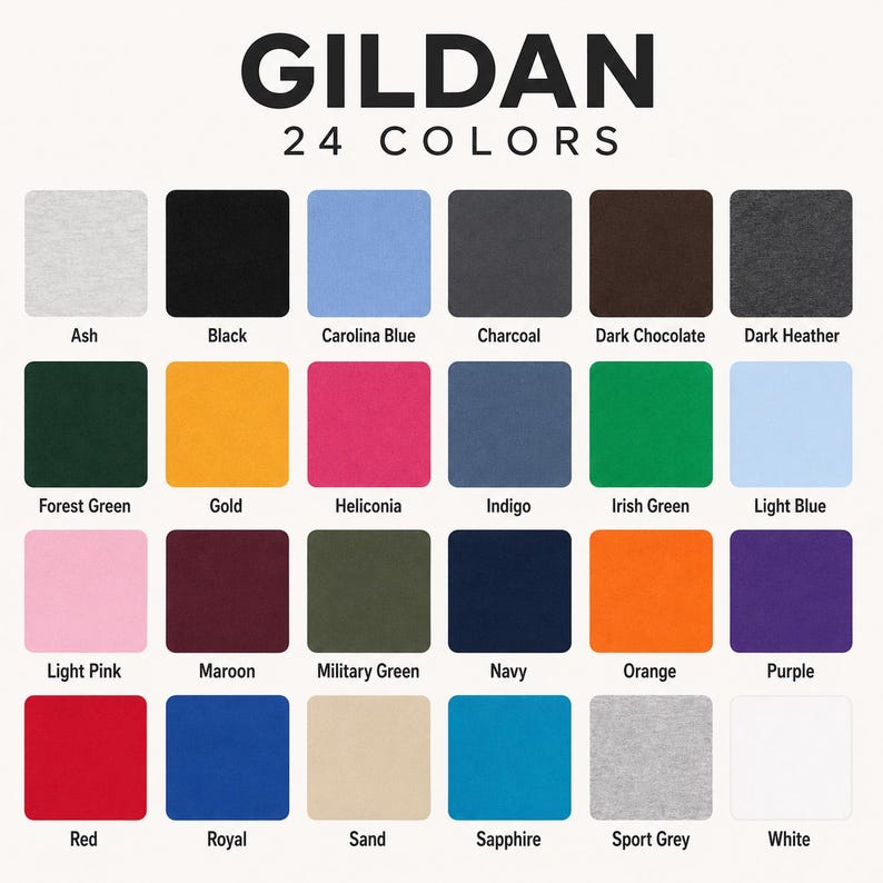 Puede incluir: Una carta de colores Gildan que muestra 24 muestras de tela distintas dispuestas en una cuadr&iacute;cula. Cada cuadrado est&aacute; etiquetado con su nombre de color, incluyendo Ash, Black, Carolina Blue, Charcoal, Dark Chocolate, Dark Heather, Forest Green, Gold, Heliconia, Indigo, Irish Green, Light Blue, Light Pink, Maroon, Military Green, Navy, Orange, Purple, Red, Royal, Sand, Sapphire, Sport Grey y White.