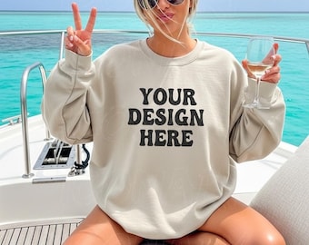 Gildan Sand 18000 Mockup | Beach Mockup Gildan 18000 Sand | 18000 Sand Mockup | Front G180 Mockup Aesthetic Outdoors Beach Mockup Trendy