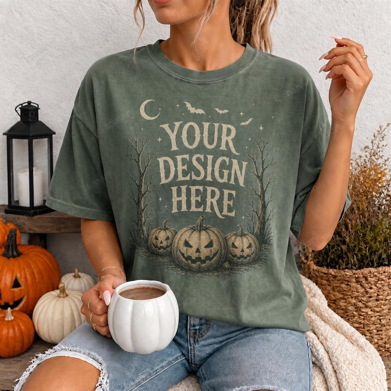 Comfort Colors C1717 Moss/Green Shirt - Fall Autumn Mockup - Pumpkin Patch Mockup - Model Mockup Tee- Halloween Mockup - Fall Mockup Mockup