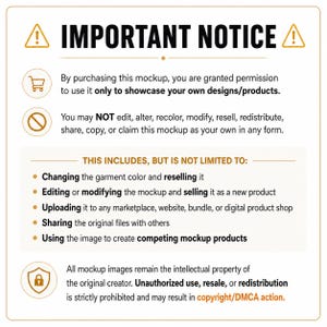Op de afbeelding: Een wit rechthoekig bord met zwarte tekst getiteld IMPORTANT NOTICE. Het beschrijft de gebruiksvoorwaarden voor een digitale mockup en verbiedt het bewerken, doorverkopen of herdistribueren van het bestand. Iconen: winkelwagen, verbod, schild.
