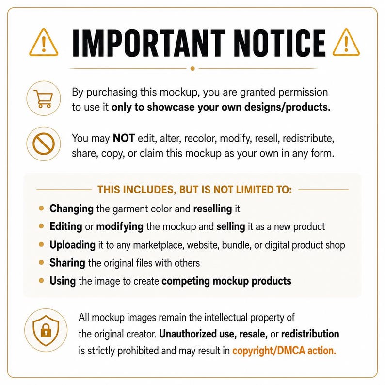 Op de afbeelding: Een wit rechthoekig bord met zwarte tekst getiteld IMPORTANT NOTICE. Het beschrijft de gebruiksvoorwaarden voor een digitale mockup en verbiedt het bewerken, doorverkopen of herdistribueren van het bestand. Iconen: winkelwagen, verbod, schild.