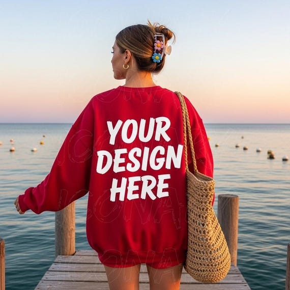 Gildan 18000 Back Mockup, Red Gildan 18000 Sweatshirt Mockup, Red