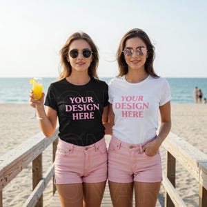 独身パーティーのモックアップ、女子旅のモックアップ、親友のモックアップ、ブライダルパーティーのモックアップ、ビーチのモックアップ、ベラキャンバス3001のモックアップ、ホワイトブラックのギルダン5000