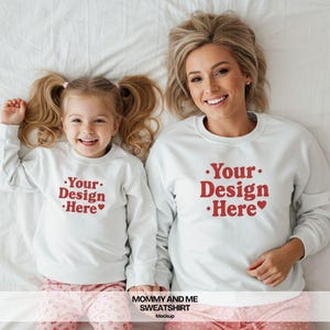 Mommy and Me White Gildan 18000 Sweatshirt Mockup for Matching Shirts, Gildan 18000 Mom and Daughter Gildan White 18000B White Crewneck Kids