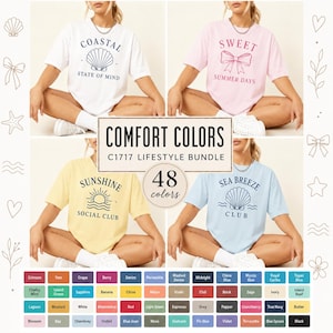 May include: Four t-shirts in white, pink, yellow, and light blue, each with a different graphic and text. The white shirt says "Coastal State of Mind." The pink shirt says "Sweet Summer Days." The yellow shirt says "Sunshine Social Club." The light blue shirt says "Sea Breeze Club."