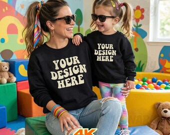 Mommy and Me Black Gildan 18000 Sweatshirt Mockup for Matchings Shirts, Gildan 18000 Mom and Daughter Gildan Black 18000B Kids Mockups