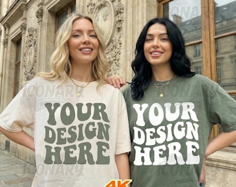 Comfortkleuren C1717 Moss & Ivory Group Shirt Mockup 1717 Mosgroen Ivoor T-shirt Model Blond Model Trendy Zomer Aards Dubbel Mockup
