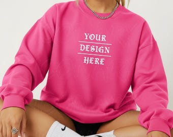 Gildan 18000 Heliconia Mockup Black Woman, Heliconia Sweatshirt Black Model, Pink Crewneck Lifestyle Mock Up, G180 Simple Mock Studio Mockup