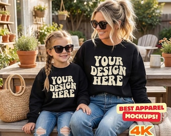 Mommy and Me Black Gildan 18000 Sweatshirt Mockup for Matchings Shirts, Gildan 18000 Mom and Daughter Gildan Black 18000B Kids Mockups