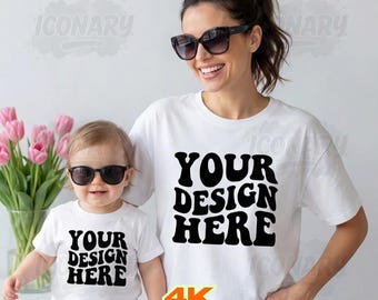 Ostern weißes Hemd Mama Baby Kinder Familie Mockup, weißes Bella Canvas 3001 T-Shirt trendiges Muttertagsthema Mockup, weißes Rundhals-T-Shirt