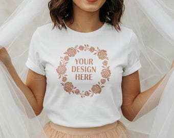 Bachelorette Mockup, White Bella Canvas 3001 Mockup, Trendy Boho Female Model, Wedding Bridal Party Mockup, Bride Shower Bride Mockup Women