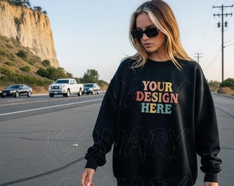 Gildan 18000 Mockup | Gildan Black Sweatshirt Mockup | Sweatshirt Model Mockup | Simple Mockup | Black Gildan Oversized Crewneck Mockups