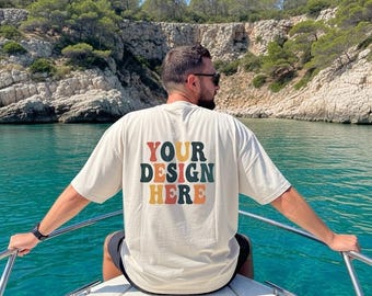 Bella Canvas 3001 Back View Mockup, Natural T-Shirt Mockup, Male Model Mockup, Beach Mockup, Men's Beach Style T-Shirt Mockup BC3001 Natural