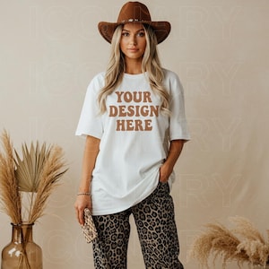 Comfort Colors 1717 Tshirt Mockup Trendy Boho Aesthetic Shirt Cowgirl Hat Leopard Print PNG Western Mockups Oversized Graphic Tee Mock Up