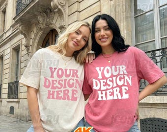 Comfort Colors C1717 Ivory & Crunchberry Group Shirt Mockup | Ivoorroze T-shirtmodel 1717 | Trendy dubbel model bruids vrijgezellenfeest