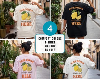 Comfort Colors Mockup-paket med t-shirt fram och bak Mockup-paket med Blossom C1717 Elfenbensfärgat mockuptryck på baksidan Stor t-shirtmodell Mockup 1717