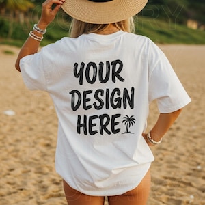 Comfort Colors C1717 White Shirt Back Beach Mockup, Back of 1717 White T-shirt Mock-up, Model Mock, Oversized Outdoors Tshirt Back View 1717