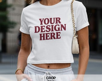 1580 nächste Ebene Ideal Crop Top Mockup weißes kurzes T-Shirt Mockup nächste Ebene Mockup Tshirt Mockups nächste Ebene weißes Crop Top Mock bauchfreies Top