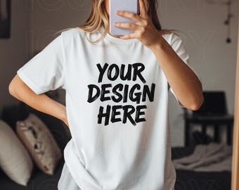 Gildan 64000 Tshirt Mockup, 64000L Softstyle Mockup, White Oversized Shirt Mockup Woman, Model Mockups, Aesthetic Mockup, y2k Selfie Mockup