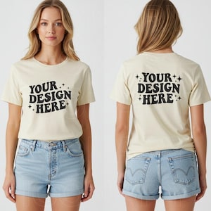 Beige T-Shirt Mockup, Front and Back, Bella Canvas 3001 Natural, Dual View Natural Tee Mockup, Comfort Fit, Front Back View Split Mock-up