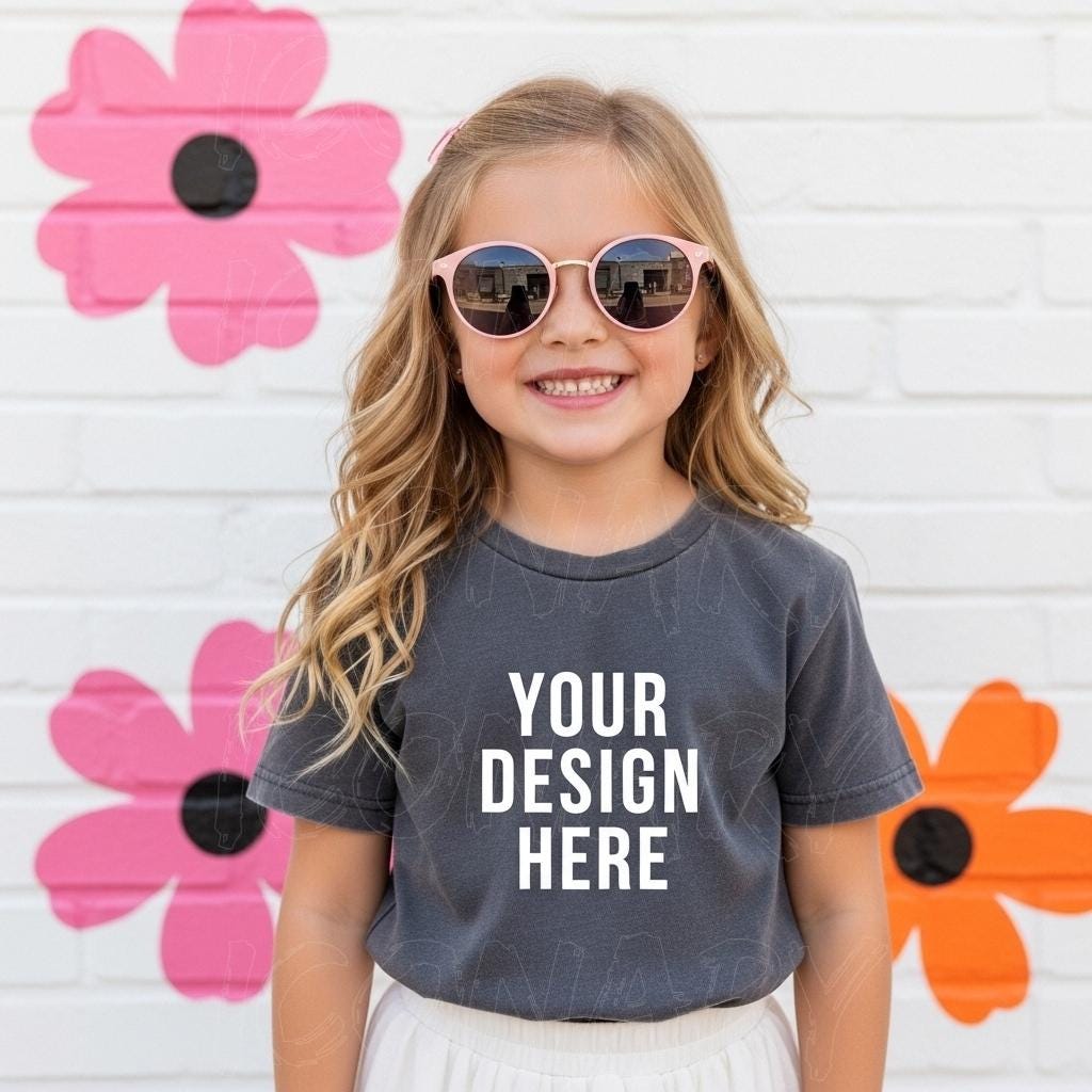 Kid Pepper Shirt Beach Mockup, Gray Comfort Colors 9018, Youth T-Shirt Mock-up, Trendy Styled Girl Photo, Boho Summer C9018 Model POD Image