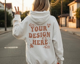 Gildan 18500 White Back Mockup, Beach Outdoor Mockup, White Hoodie Back Mockup, 18500 White Mock, Words on the Back, Back Mockup 18500 White