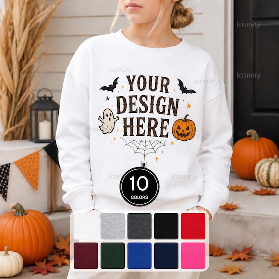 Gildan 18000B Youth Crewneck Sweatshirt Mockup Bundle, Halloween Sweater Mock-up Bundle Oversized G180B Trendy Cozy Fall Autumn Sweater Mock