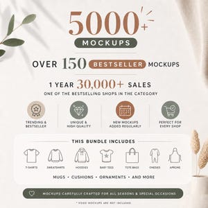 Puede incluir: Anuncio de un paquete de maquetas, con el texto "5000+ Mockups" y "Over 150 Bestseller Mockups". La imagen destaca varias maquetas de productos, incluyendo camisetas, sudaderas con capucha, bolsas de mano y m&aacute;s. Tambi&eacute;n menciona "30.000+ ventas" y "Tendencias y m&aacute;s vendidos."