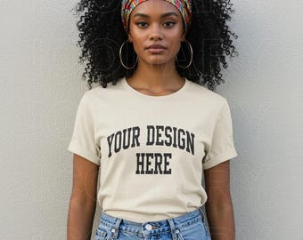 Afro American Gildan 64000 Natural Shirt Mockup, G640 Natural Tshirt Mockup, Female Model Gildan 64000 T-shirts Women Model Mockup Lifestyle