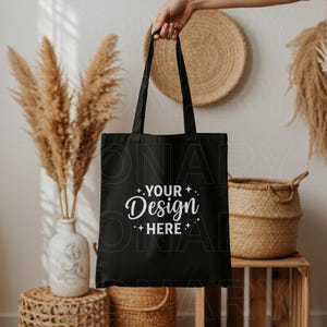 Tragetasche Mockup schwarze Tasche Mockup schwarze Segeltuchtasche Flatlay Boho Totebag Frau Eco Canvas Tote Boho Mockup girly Biotasche Mockup